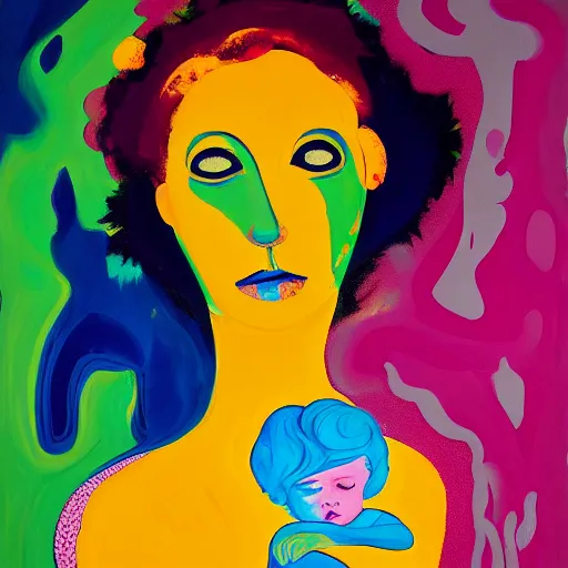 Image similar to a painting of a woman holding a baby, an ultrafine detailed painting by peter max and fiona rae and hernan bas and anna mond, featured on deviantart, metaphysical painting, biomorphic, fauvism, mixed media, photorealistic, dripping paint, palette knife texture, masterpiece