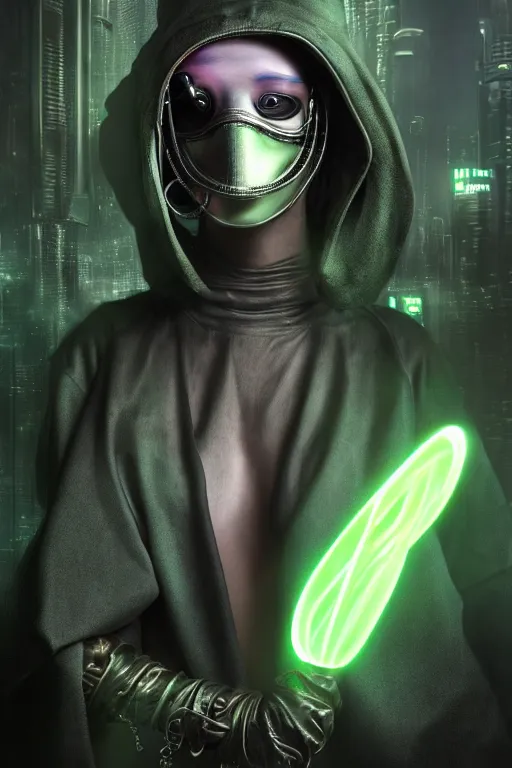 Prompt: wow! 3 / 4 stunning photorealistic portrait of a female plague doctor with a green aura in a kowloon! cyberpunk cityscape, biomechanical leather bodysuit, bioluminescent acid rain, dark fantasy by artgerm and sorayama and alphonse mucha, ultrarealistic, hyperdetailed, trending on artstation, octane render