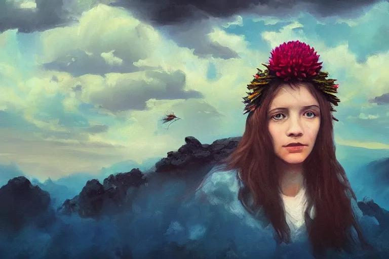 Image similar to giant dahlia flower crown under head, portrait girl on mountain, surreal photography, blue storm clouds, dramatic light, impressionist painting, digital painting, artstation, simon stalenhag