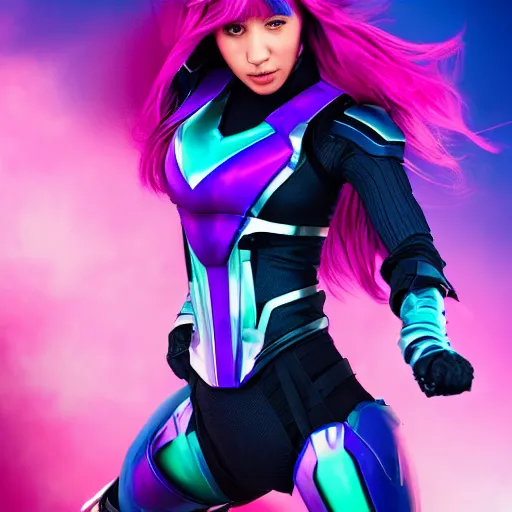 Image similar to a stunning high shutter speed action upper body portrait of a beautiful woman with a ombre purple pink hairstyle with hair flying wearing futuristic navy blue and teal battle bodyarmor and pauldrons by marvel comics, outrun, vaporware, action photography, highly detailed, fine detail, intricate, digital art, trending on artstation