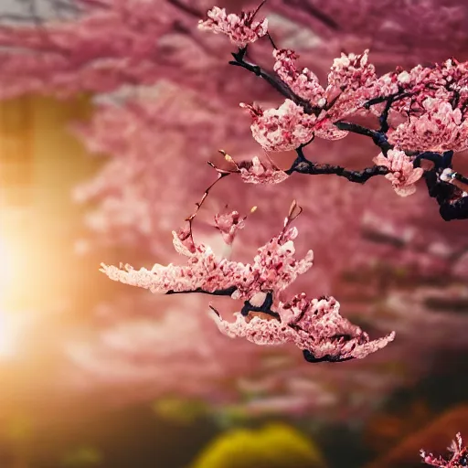 Image similar to photo of a blossoming sakura bonsai, beautiful, bokeh, cinematic, high detail,