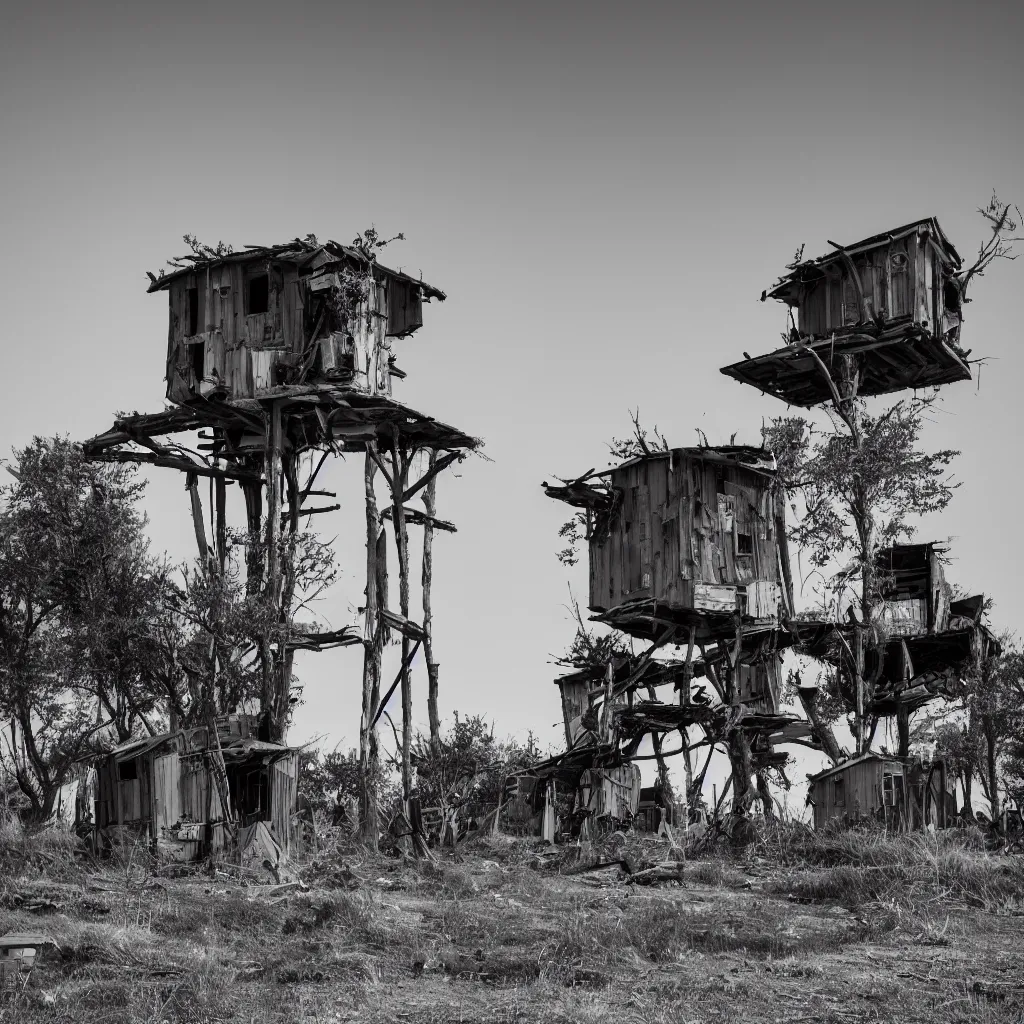 Prompt: a tower made up of makeshift squatter shacks, dystopia, sony a 7 r 3, f 1 1, fully frontal view, photographed by ansel adams, ultra detailed,