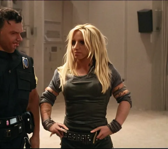 Image similar to a movie still of britney spears as a cuffed prisoner in the movie star wars