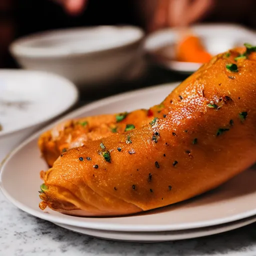 Image similar to a cooked human foot served at a fancy restaraunt on a fancy plate, gorgeous depth of field professional food photography