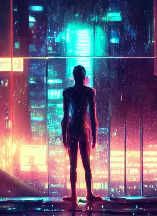 Prompt: lonely cyber person made of cosmic galaxy energy watching a vast rainy colorful complex cyberpunk futuristic city from behind at night through a window in a room, 8 k, photorealistic, concept art, wet, highly detailed, cinematic mood by ridley scott, ghost in the shell, akira, digital painting, trending on artstation, glowing lights, sharp focus, epic composition