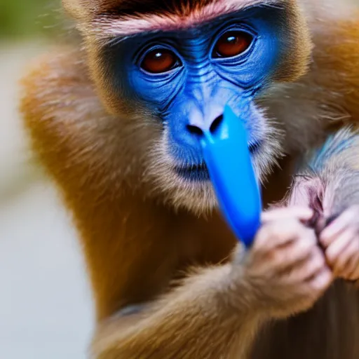 Image similar to photograph of a monkey holding a blue pen towards the camera, 4 k, full hd, highly detailed