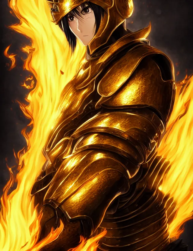 Image similar to a detailed manga portrait of a black haired man with hazel eyes in gleaming golden armour that burns with golden fire, trending on artstation, digital art, 4 k resolution, detailed, high quality, sharp focus, hq artwork, coherent, insane detail, character portrait