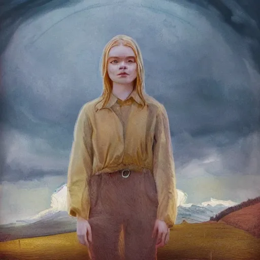 Image similar to Elle Fanning, head and shoulders masterpiece, apocalypse, golden hour, cosmic horror, artstation, in the style of Andrew Wyeth, extremely detailed