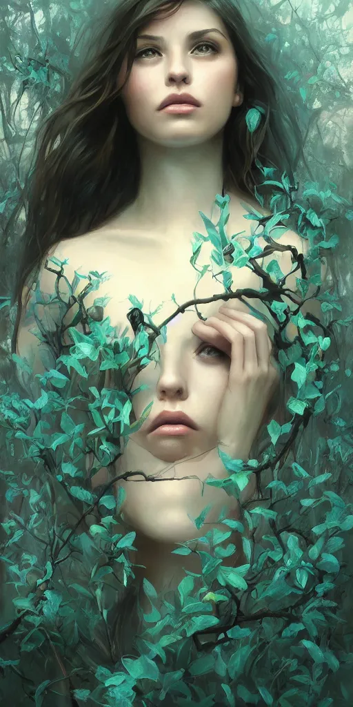 Prompt: haunting beautiful young woman, full-body, sitting, detailed photo realistic gorgeous face turning into branches, leaves, dark, ominous, glowing hue of teal, digital painting, artstation, concept art, smooth, sharp focus, digital art by Marcela Bolivar, artgerm and greg rutkowski and alphonse mucha