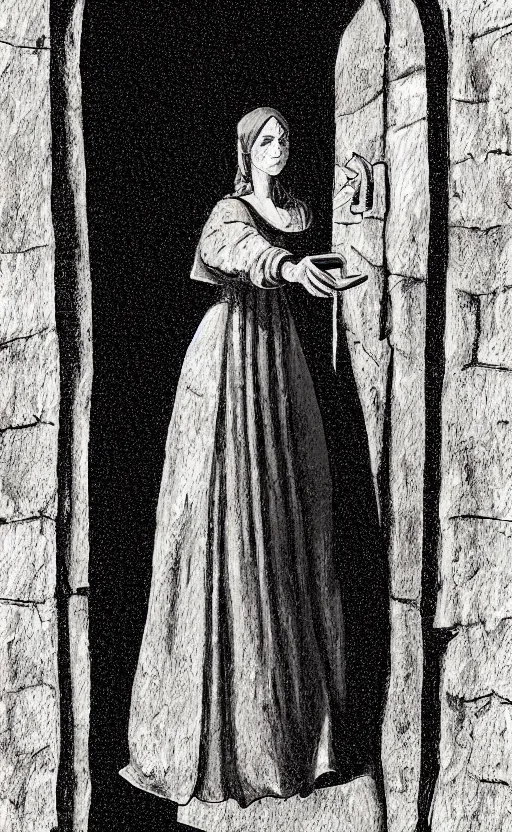 Image similar to medieval servant girl walking in castle hallway, about to enter doorframe, half turned around, full body, ultra realistic, digital painting