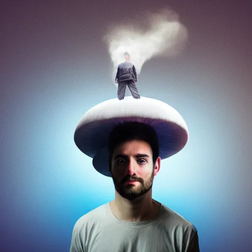 Image similar to man with head as a mushroom cloud