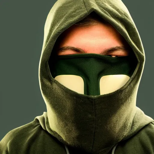 Image similar to realistic photo of hacker in anonymous mask, dark background, hood, computer, green screen, extremely detailed, sharp focus, masterpiece,