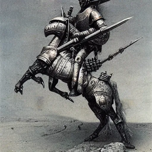 Image similar to winged hussar riding a war bear in armor, beksinski