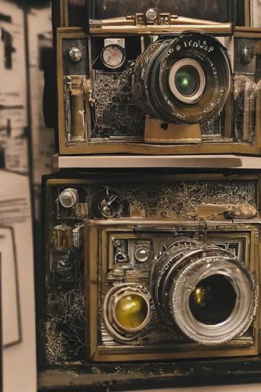 Image similar to a photo taken by someone who doesn't know how to use a camera, the most complex kodak camera ever made with vacuum tubes, capacitors and coils inside, through a dirty store window by Wes Anderson, grungy, weathered Ultra detailed, hyper realistic, 4k