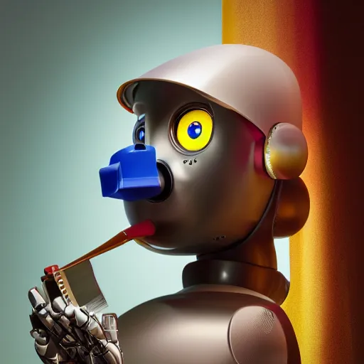 Image similar to portrait of a robot with a moustache wearing beret holding big paintbrush, big head, high detail, beautiful light, depth of field, sharp focus, clean design, 4 k, pixar, low saturation, octane render