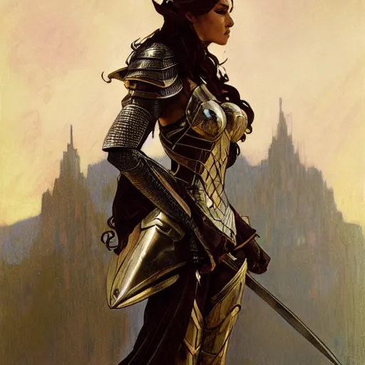 Prompt: half length portrait of a beautiful female elf armored paladin, royo, klimt, miro, vallejo, frazetta, alphonse mucha, greg rutkowski, whealan