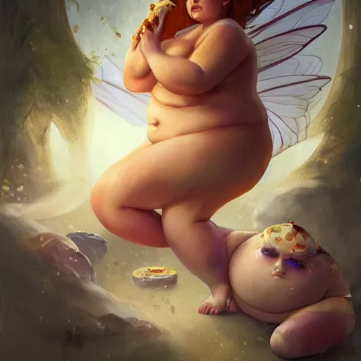 Image similar to a very fat fairy sitting in a messy room and burping because she ate too much pizza and junk food, fantasy art, illustration, amazing detail, in the style of greg rutkowski, artgerm, cgsociety