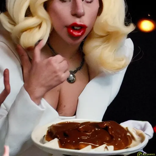 Image similar to lady gaga eating a plate poop, disgusting and delicious