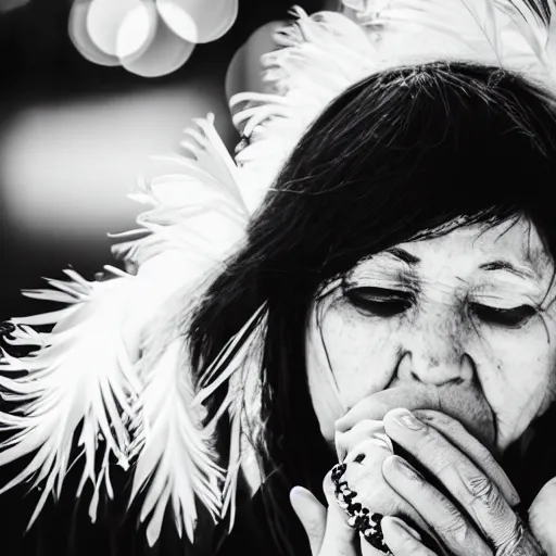 Prompt: black and white photo of a lady blowing feathers from the palm of her hand, low depth of field
