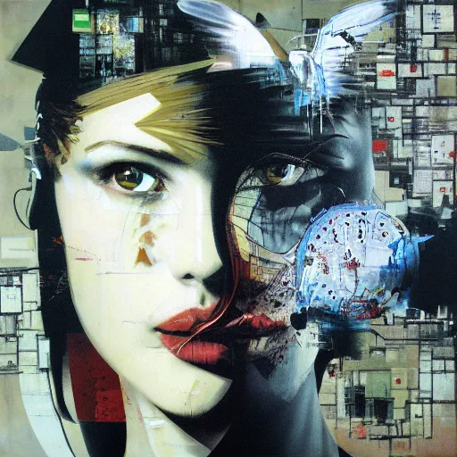 Image similar to a thrush wandering within the virtual realms of urban informatics and computational social science, oil on canvas by dave mckean and yoji shinkawa