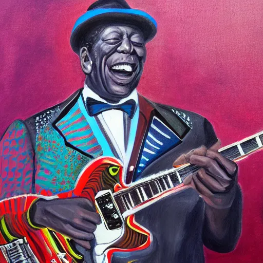 Image similar to portrait of bb king with buddy guy, joyful, highly detailed painting by stephen bliss, boxart, 8 k