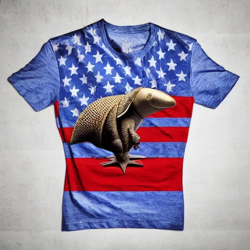 Prompt: t-shirt design, armadillo patriot potus, modern art placed in a large living room, superrealism 3d 8k resolution