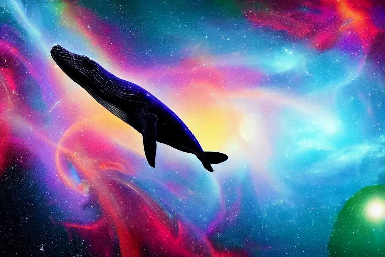 Prompt: a cosmic humpback whale swimming through a colorful space nebula with a black hole, event horizon, digital art, photorealistic
