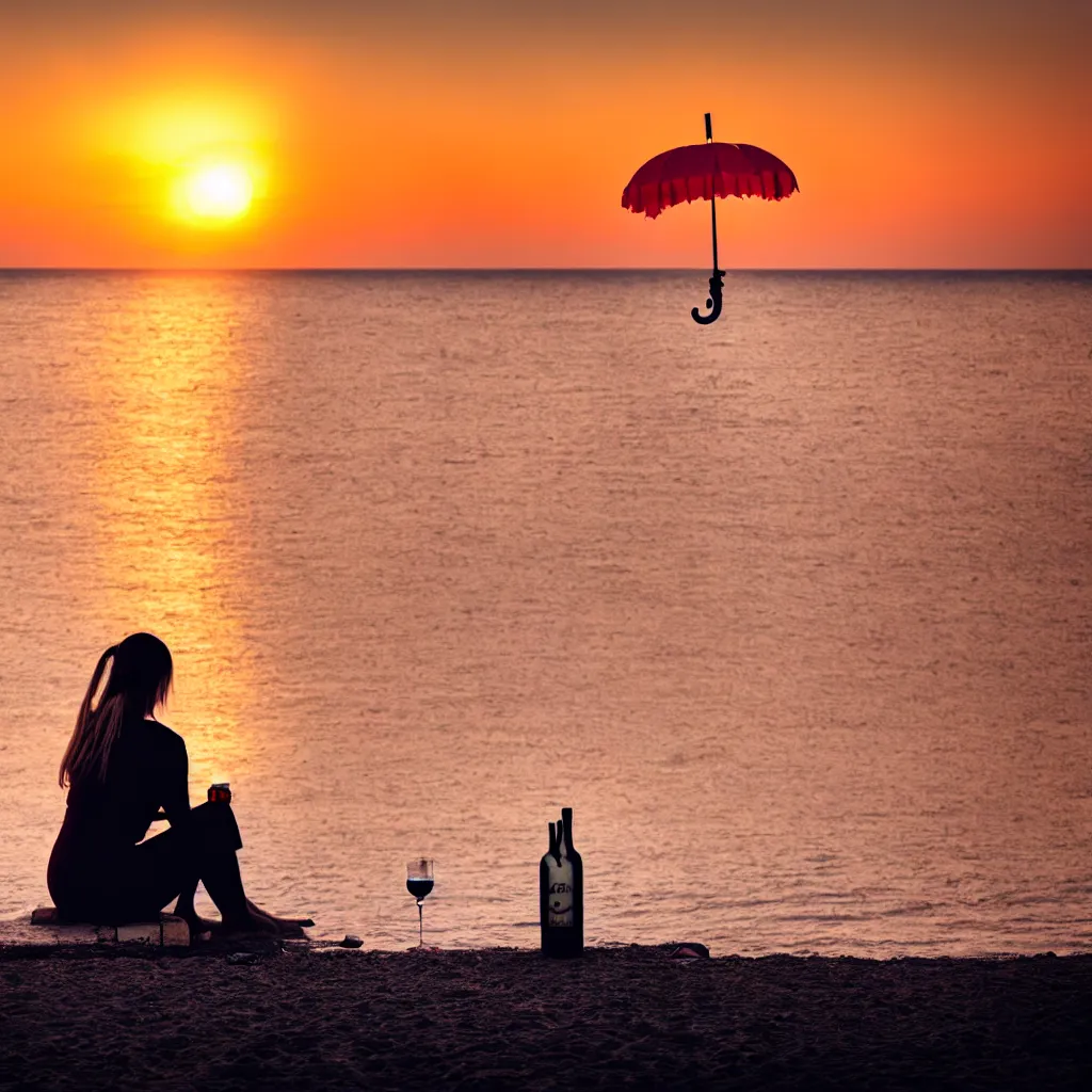 Image similar to a sad girl in a t - shirt sits on the beach under an umbrella and drinks vodka from a bottle, sunset, russia, cinematic, landscape