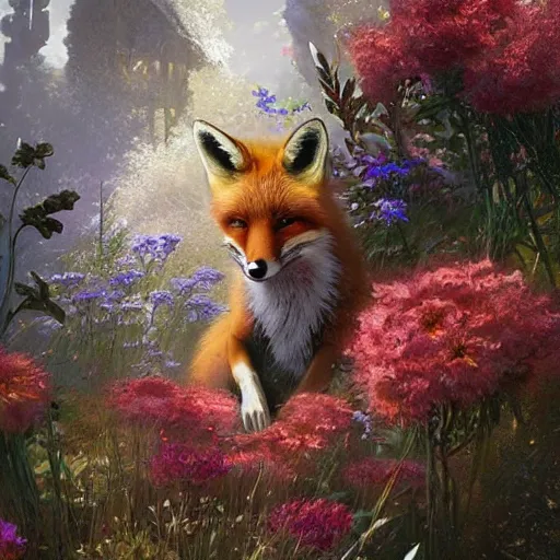 Prompt: a fox surrounded by beautiful flowers, by stanley lau and greg rutkowski