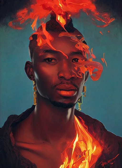 Image similar to portrait of african man, fire, red aura in motion, floating pieces, painted art by tsuyoshi nagano, greg rutkowski, artgerm, alphonse mucha, spike painting