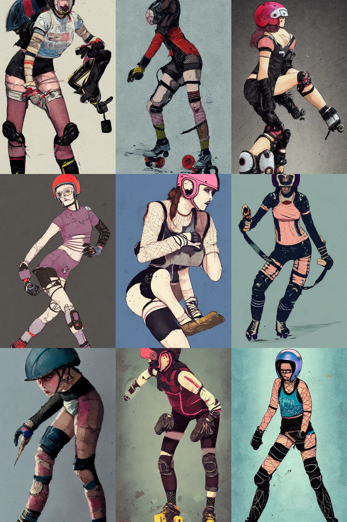 Prompt: roller derby girl doing Cross-Over, wearing skate helmet, knee pads, elbow pads, portrait, torn fishnet tights, illustration by greg rutkowski, minmalist, flat colour