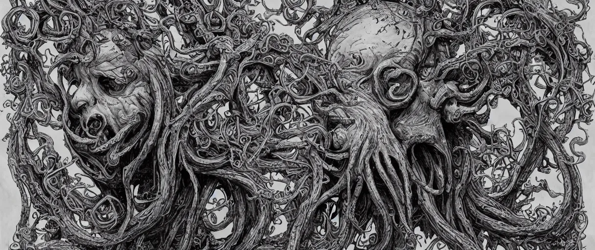 Image similar to centered horrifying detailed side view profile portrait of a insane, crazed, mad old bald zombie, cthulhu, eldritch abomination, dunwitch horror, ornate tentacles growing around, ornamentation, thorns, vines, tentacles, elegant, beautifully soft lit, full frame, 8 k by wayne barlowe, peter mohrbacher, kelly mckernan, h r giger