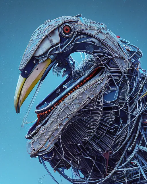 Image similar to portrait of shoebill - stork - mecha - carrion crawler, intricate abstract. intricate artwork, by tooth wu, wlop, beeple, dan mumford. concept art, octane render, trending on artstation, greg rutkowski very coherent symmetrical artwork. cinematic, key art, hyper realism, high detail, octane render, 8 k, iridescent accents