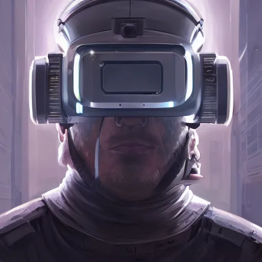 Prompt: Portrait of a man by Greg Rutkowski, symmetrical face, a marine with a helmet, using a VR Headset, Kubric Stare, crooked smile, he's wearing a tacitcal gear, highly detailed portrait, scifi, digital painting, artstation, book cover, cyberpunk, concept art, smooth, sharp foccus ilustration, Artstation HQ