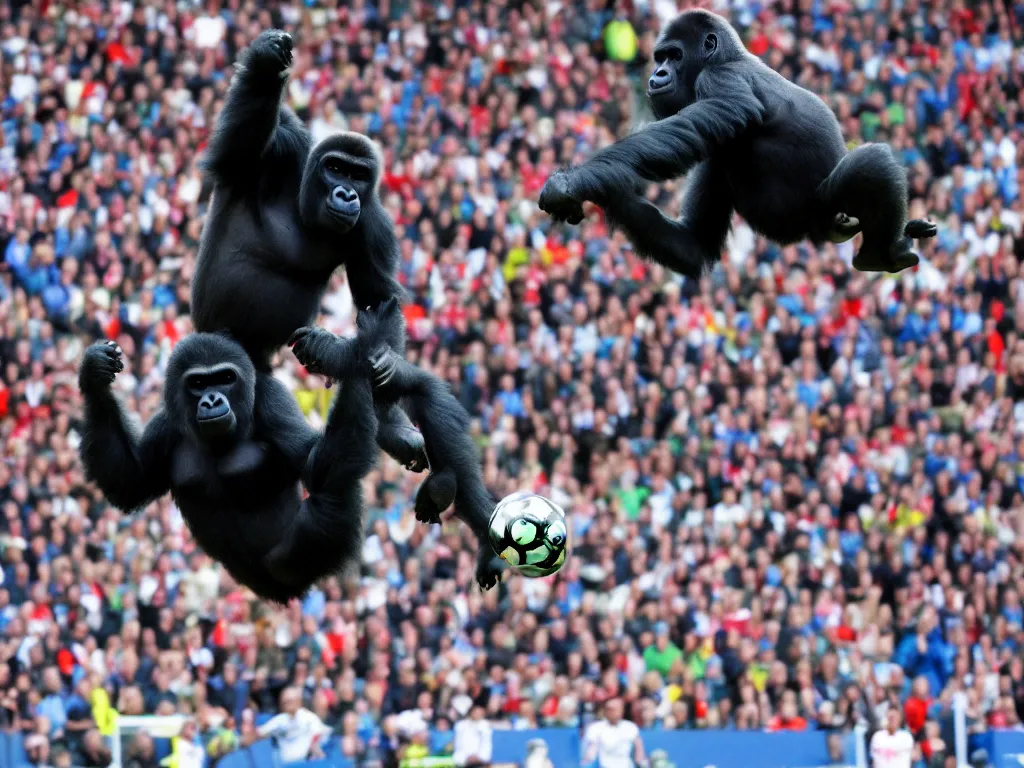 Image similar to a gorilla jumping to head the ball on a corner kick, vivid