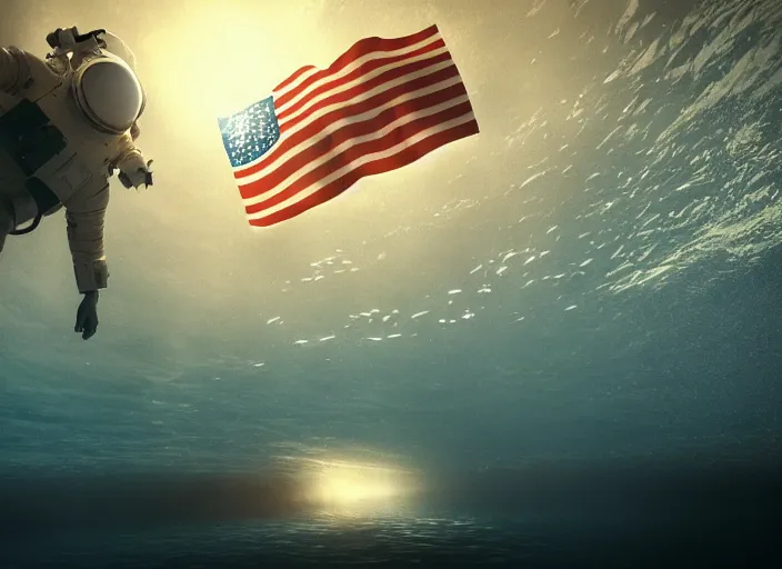 Image similar to astronaut underwater putting a flag in the sand of the bottom of the ocean. there is a futuristic submarine in the distance. dark, concept art, cinematic, dramatic, atmospheric, 8 k, trending on artstation, low visibility, fog, zack snyder