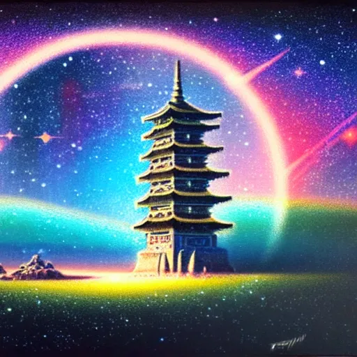 Image similar to a landscape pastel in the style of noriyoshi ohrai of an ancient holy tower, it has iridescent mana radiating from it. it is centered. the background is the starry sky at night. key art. 4 k retrofuturistic fantasy