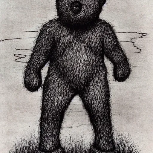 Prompt: grunge drawing of a cartoon teddy bear by - Zdzisław Beksiński, horror themed, detailed, elegant, intricate