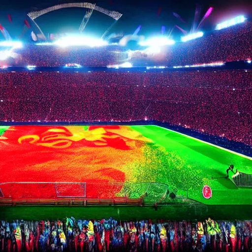 Image similar to champions league final in a soccer field in hell, monsters in the crowd, disney style, colorful, fantasy, cinematic, 4 k