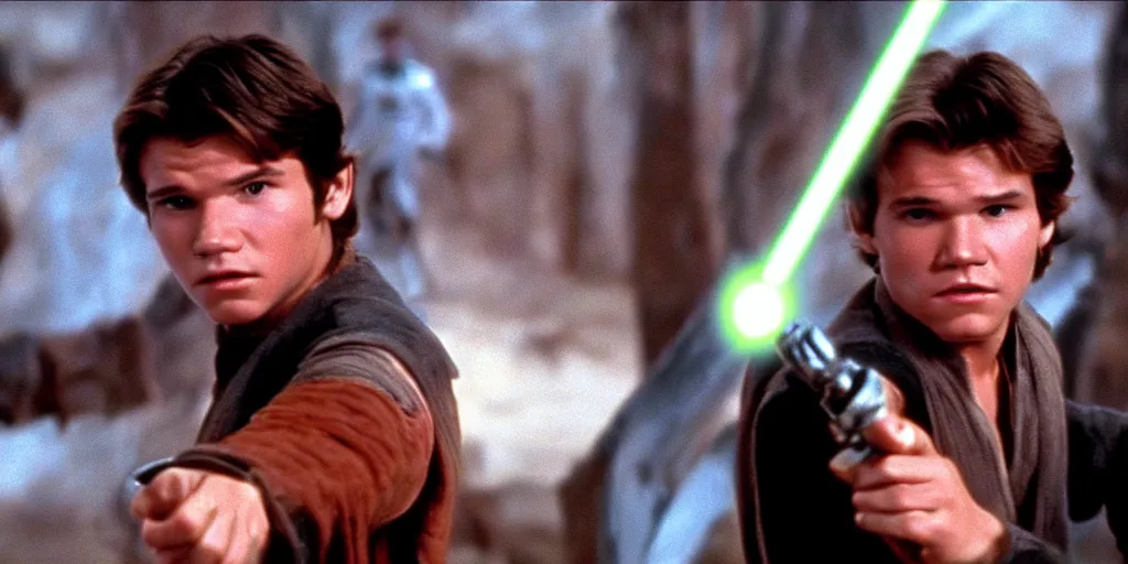 Image similar to A full color still from a film of a teenage Han Solo as a Jedi padawan holding a lightsaber hilt, from The Phantom Menace, directed by Steven Spielberg, 35mm 1990