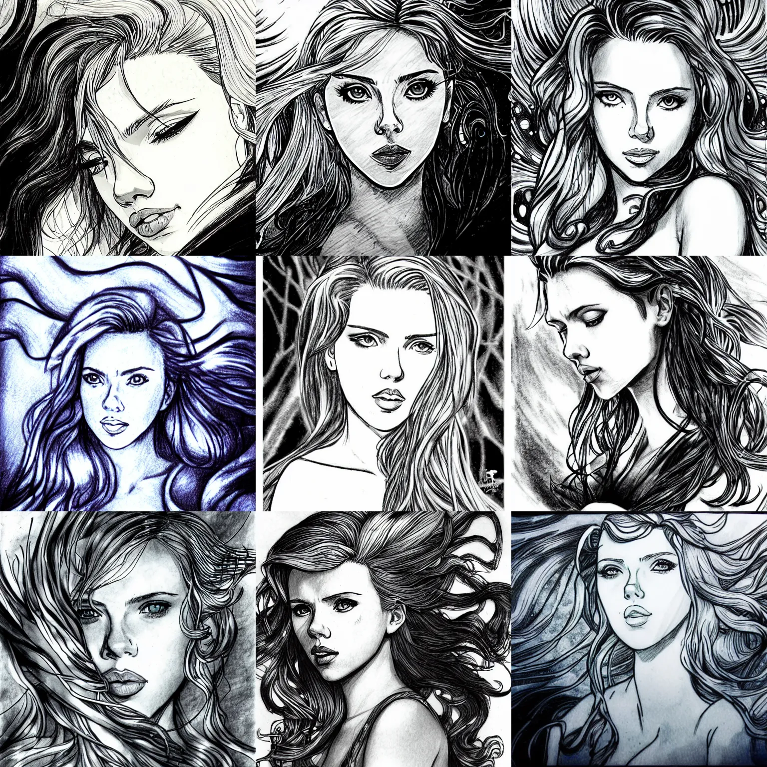 Prompt: scarlett johansson as a mermaid underwater, dramatic lighting, anime style, pencil and ink manga drawing,