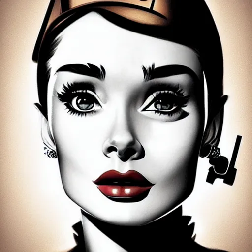 Prompt: in the style of diego fazio, artgerm, beautiful audrey hepburn, steampunk, full color, elegant pose, middle shot waist up, symmetrical face symmetrical eyes, three point lighting, detailed realistic eyes, short neck, insanely detailed and intricate elegant