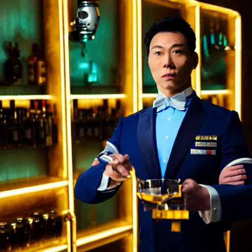Prompt: portrait of a male bartender, chinese, cyborg, muscular, slick black hair, robotic arms, navy mao suit, light blue ascot, monocle, in a bar lit by gold and silver neon lights, john singer sargeant