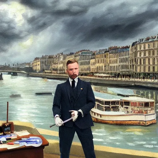 Image similar to mcgregor is dressed as a gentleman at early 2 0 th century paris. he is watching an easel. that easel has a canvas on it. ewan mcgregor has a brush on his hand. he is painting a painting. on background has river seine, morning sun, dark clouds, lightning, dc comics