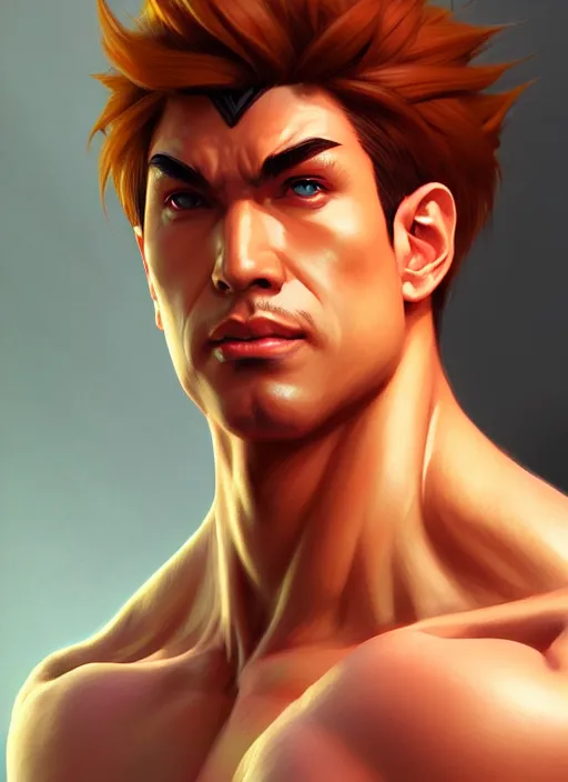 Image similar to Portrait of Ken from Street Fighter, muscular, robes! intricate, elegant, highly detailed, digital painting, artstation, concept art, smooth, sharp focus, illustration, art by artgerm and greg rutkowski and alphonse mucha