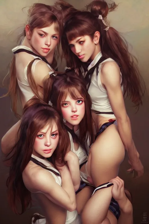 Prompt: three sexy college schoolgirls with pigtails and plaid skirts rolling hard on ecstasy, dilated pupils and glistening with sweat, realistic portrait, highly detailed, digital painting, artstation, concept art, smooth, sharp focus, illustration, cinematic lighting, art by artgerm and greg rutkowski and alphonse mucha