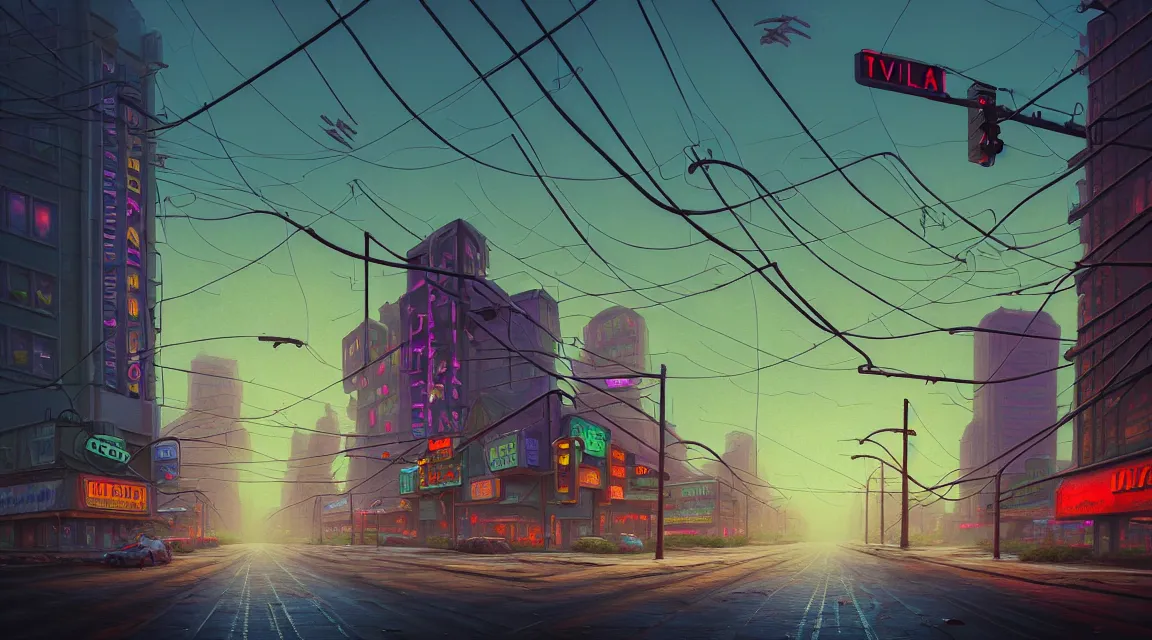 Prompt: building, avenue, urban architecture, americana architecture, concrete architecture, cloudy sky, paved roads, in the style of simon stalenhag, by thomas kinkade, trending on artstation, photorealistic, wild vegetation, destroyed buildings, vivid colors scheme, neon signs, sharp, cinematic, digital art