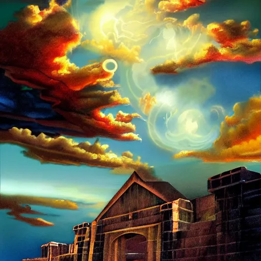 Image similar to Establishing shot of the Gate of Three Skies, digital art, Establishing shot of the Gate of Three Skies, trending on ArtStation, Establishing shot of the Gate of Three Skies, by Charles Sheeler and ArtGerm, photorealism, style of aetherpunk, Establishing shot of the Gate of Three Skies, lit from below