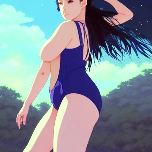 Image similar to a beautiful plus sized model japanese natalie portman, alluring plus sized model, wearing mayan leotard with overalls, street fashion hip hop style with mayan patterns, aztec street fashion, gapmoe yandere grimdark, trending on pixiv fanbox, painted by greg rutkowski makoto shinkai takashi takeuchi studio ghibli, akihiko yoshida