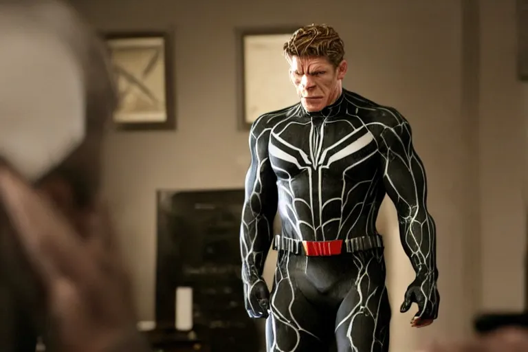 Image similar to film still of Thomas Haden Church as Eddie Brock wearing Venom costume without headpiece in Spider-man 3 2007, 4k